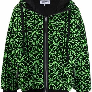 Loewe Oversized Leather Trimmed Logo Jacquard Cotton Fleece Parka Green NWT L
